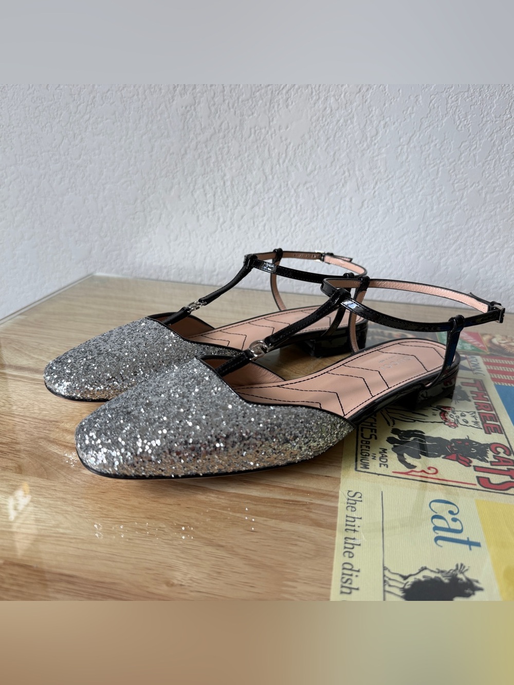 Gucci • Silver Glitter Square Toe T- Strap Flats • Women’s Size 38 • $920 - Picture 2 of 6